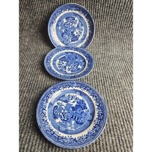 set 3 Staffordshire Blue Willow 10" Dinner Plate Knotted Rope Mark 1890s u-10G